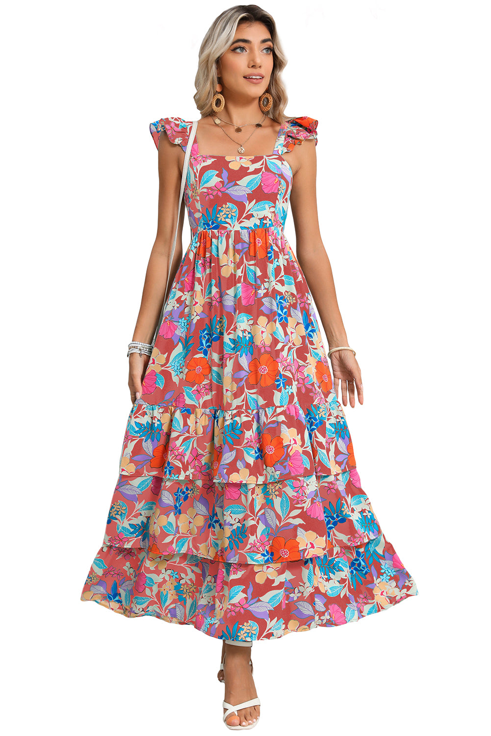 Pink Floral Print Sleeveless Ruffle Tiered Maxi Dress-Maxi Dresses-[Adult]-[Female]-2022 Online Blue Zone Planet