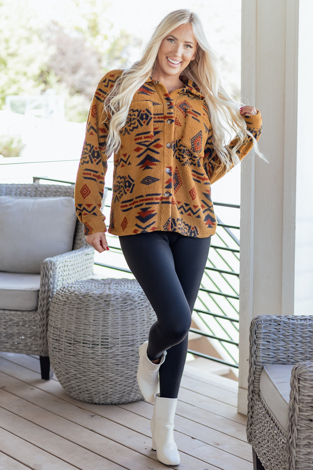 Khaki Western Aztec Pattern Fleece Shacket-TOPS / DRESSES-[Adult]-[Female]-2022 Online Blue Zone Planet