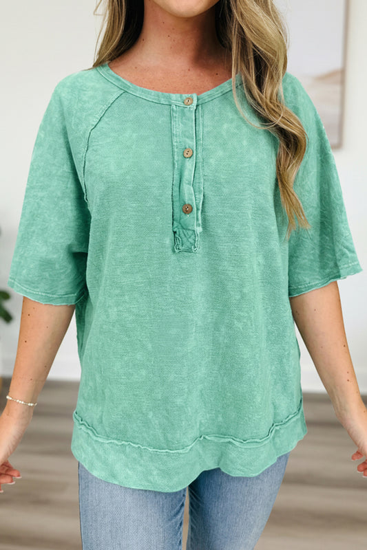 Mint Green Half Buttons Raw Seam Raglan Sleeve Mineral Wash T Shirt-Tops/Tops & Tees-[Adult]-[Female]-Mint Green-S-2022 Online Blue Zone Planet