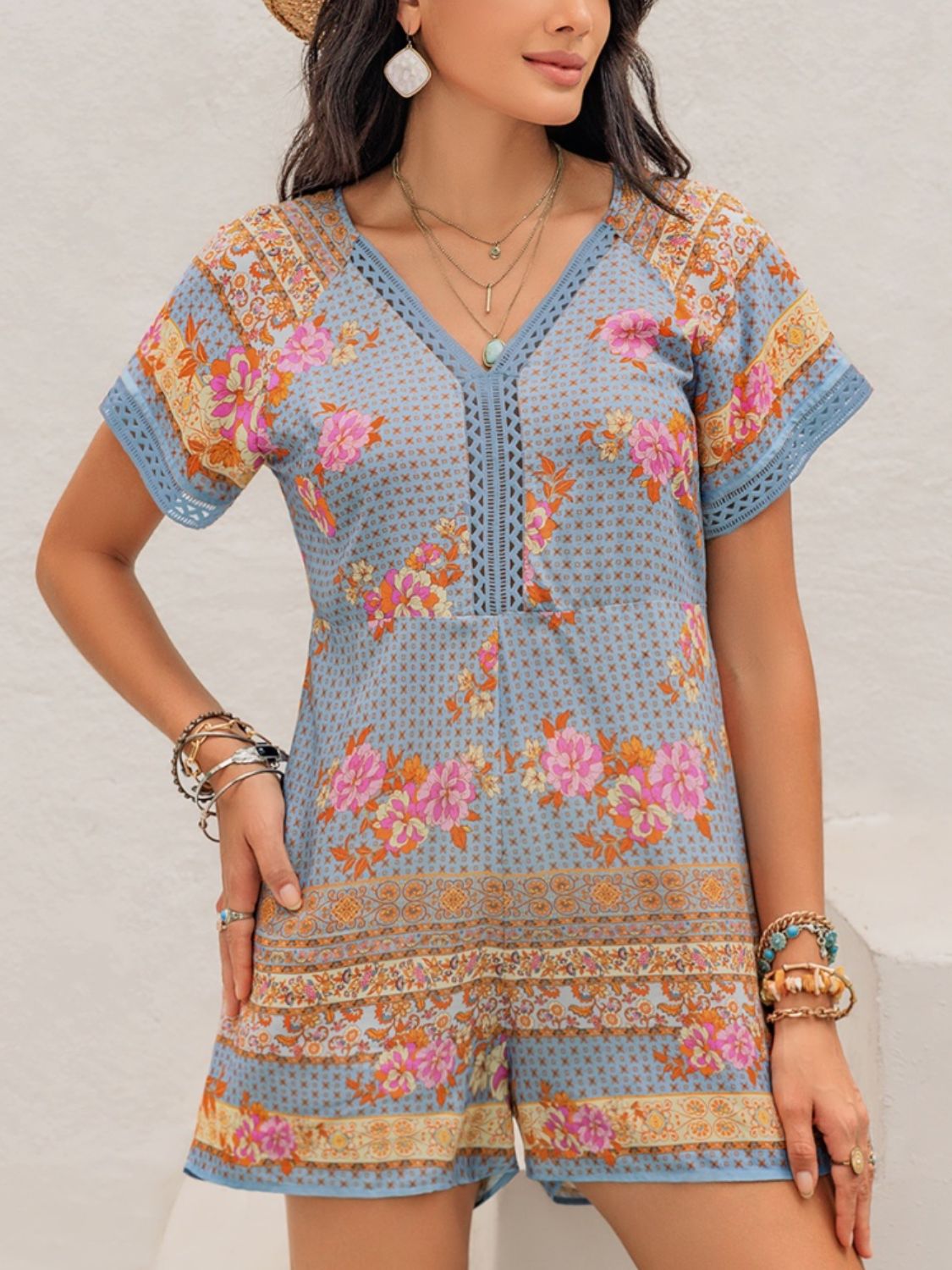 Printed V-Neck Short Sleeve Romper-TOPS / DRESSES-[Adult]-[Female]-2022 Online Blue Zone Planet