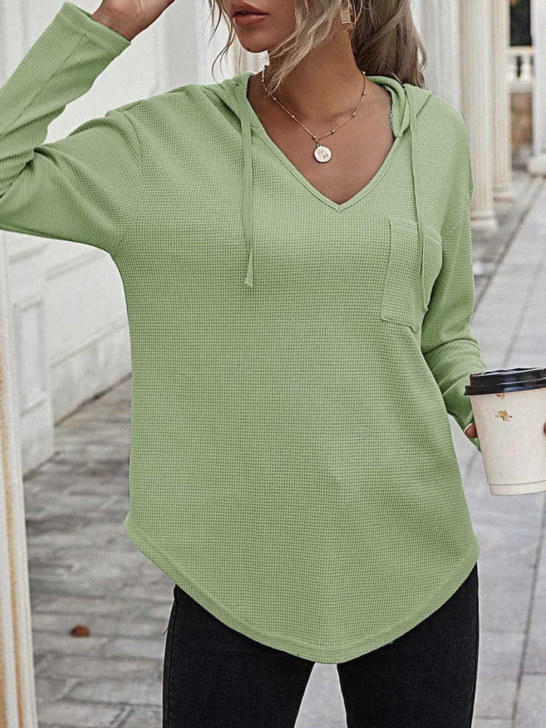 Drawstring Waffle Knit Long Sleeve Hooded Top-TOPS / DRESSES-[Adult]-[Female]-Lime-S-2022 Online Blue Zone Planet