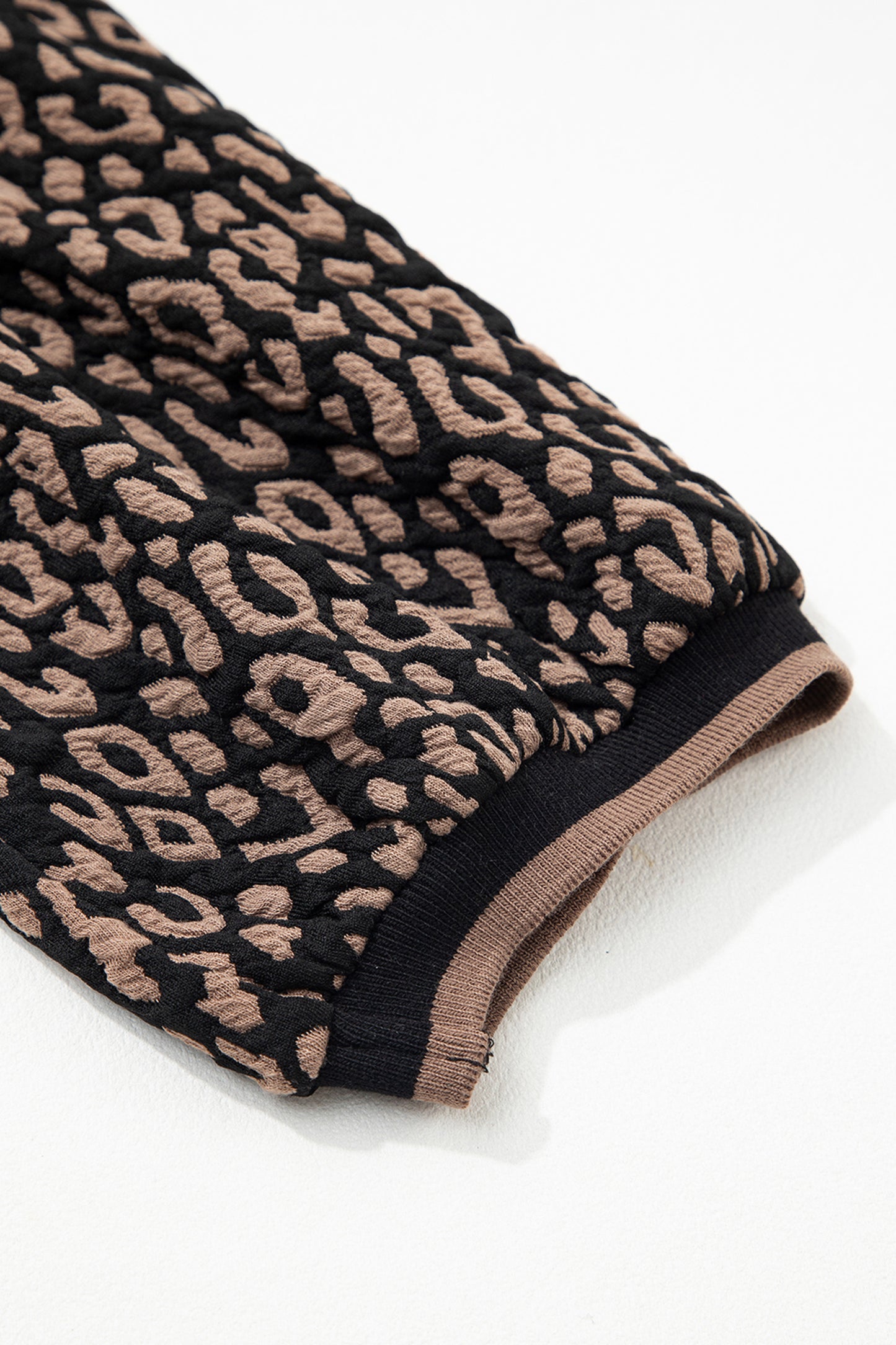 Black Leopard Print Puffy Bracelet Sleeve Contrast Trim Round Neck Top-Tops/Blouses & Shirts-[Adult]-[Female]-2022 Online Blue Zone Planet