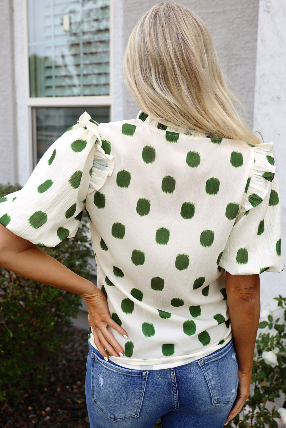 Apricot Polka Dot Print Shirred Yoke Notched Neck Balloon Sleeve Blouse-Tops/Blouses & Shirts-[Adult]-[Female]-2022 Online Blue Zone Planet