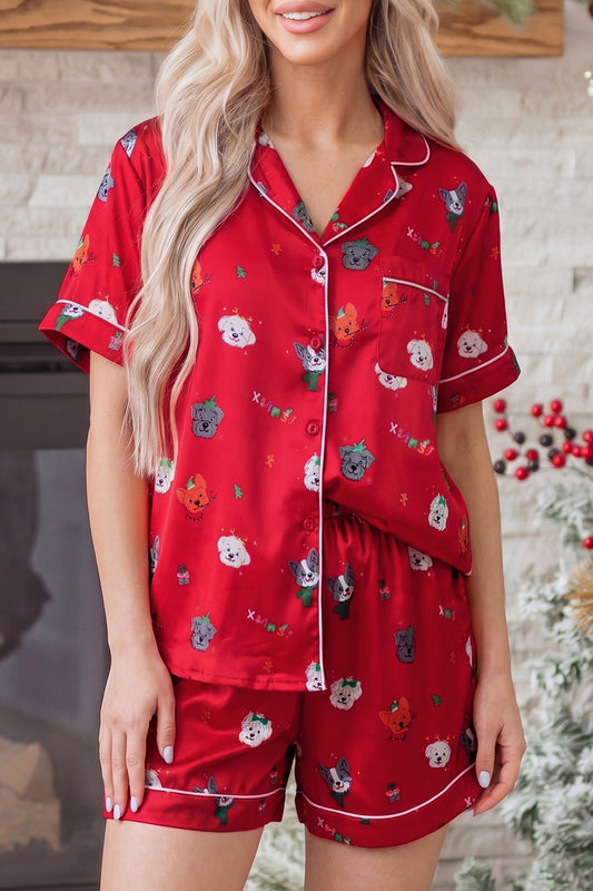 Racing Red Festive Dog Print Short Sleeve Two Piece Lounge Set-Loungewear & Sleepwear/Loungewear-[Adult]-[Female]-Racing Red-S-2022 Online Blue Zone Planet