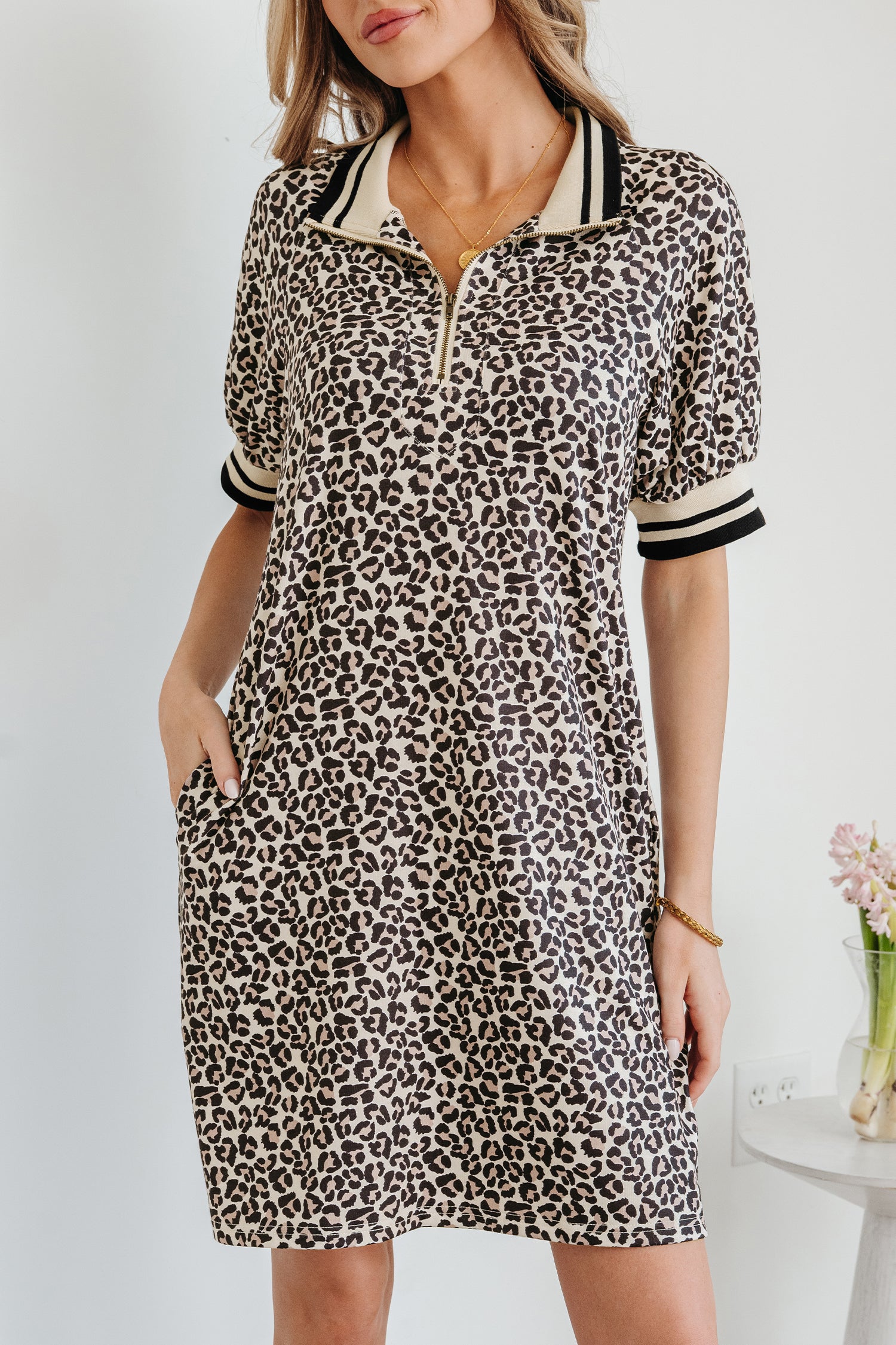 Khaki Leopard Print Zip Neck Striped Webbing Patchwork T Shirt Mini Dress-TOPS / DRESSES-[Adult]-[Female]-2022 Online Blue Zone Planet