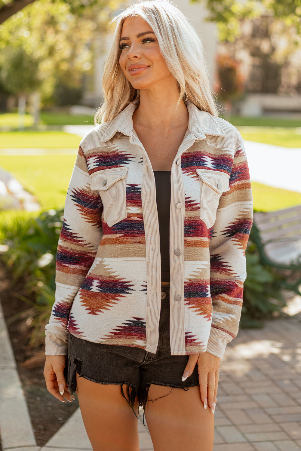 Multicolour Western Aztec Striped Patchwork Double Flap Pocket Raw Hem Shacket-Outerwear/Jackets-[Adult]-[Female]-2022 Online Blue Zone Planet
