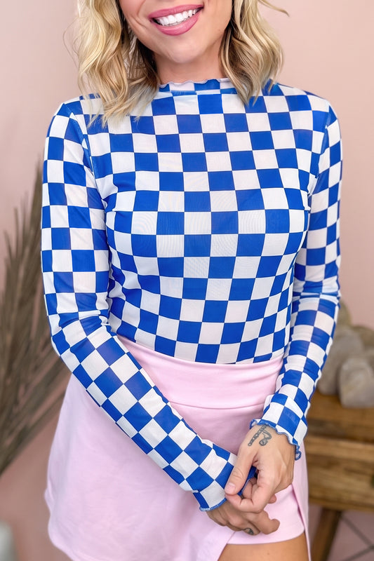 Dark Blue Plaid Mesh Sheer Long Sleeve Top-Tops/Long Sleeve Tops-[Adult]-[Female]-Dark Blue-S-2022 Online Blue Zone Planet