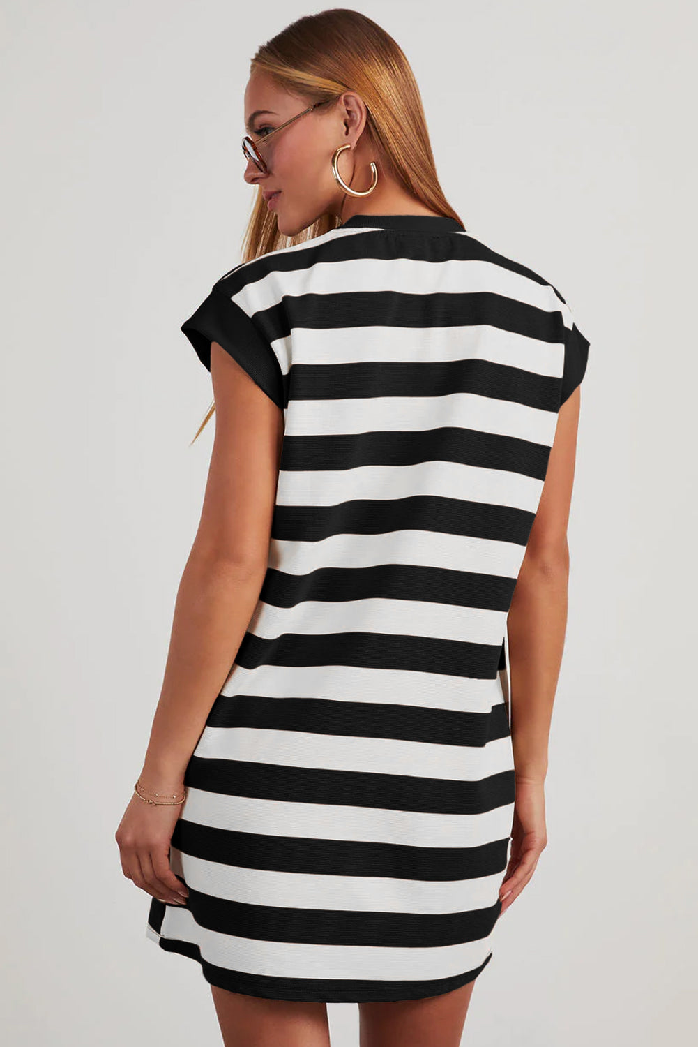 Black Stripe Cap Sleeve Shift T Shirt Dress-TOPS / DRESSES-[Adult]-[Female]-2022 Online Blue Zone Planet