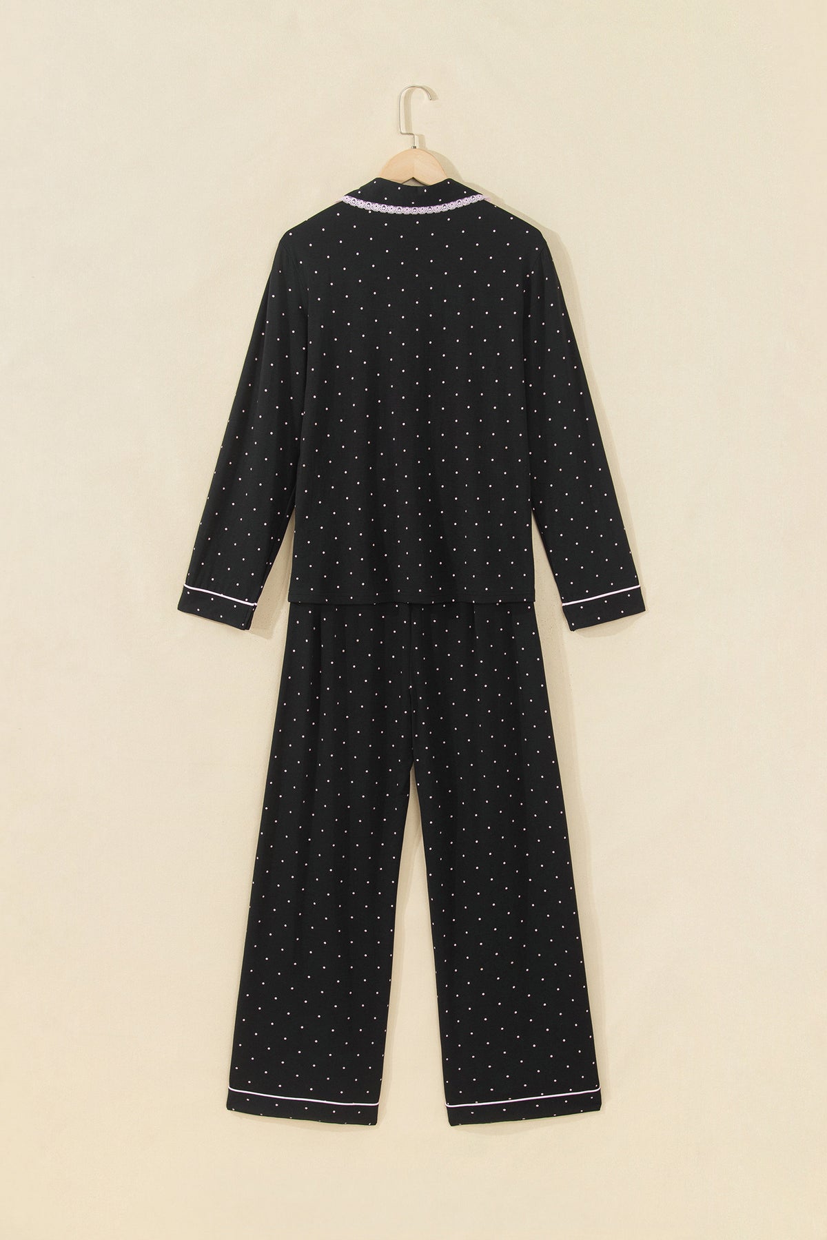 Black Polka Dot Long Sleeve Shirt Lace Detail Two Piece Pajama Pant Set