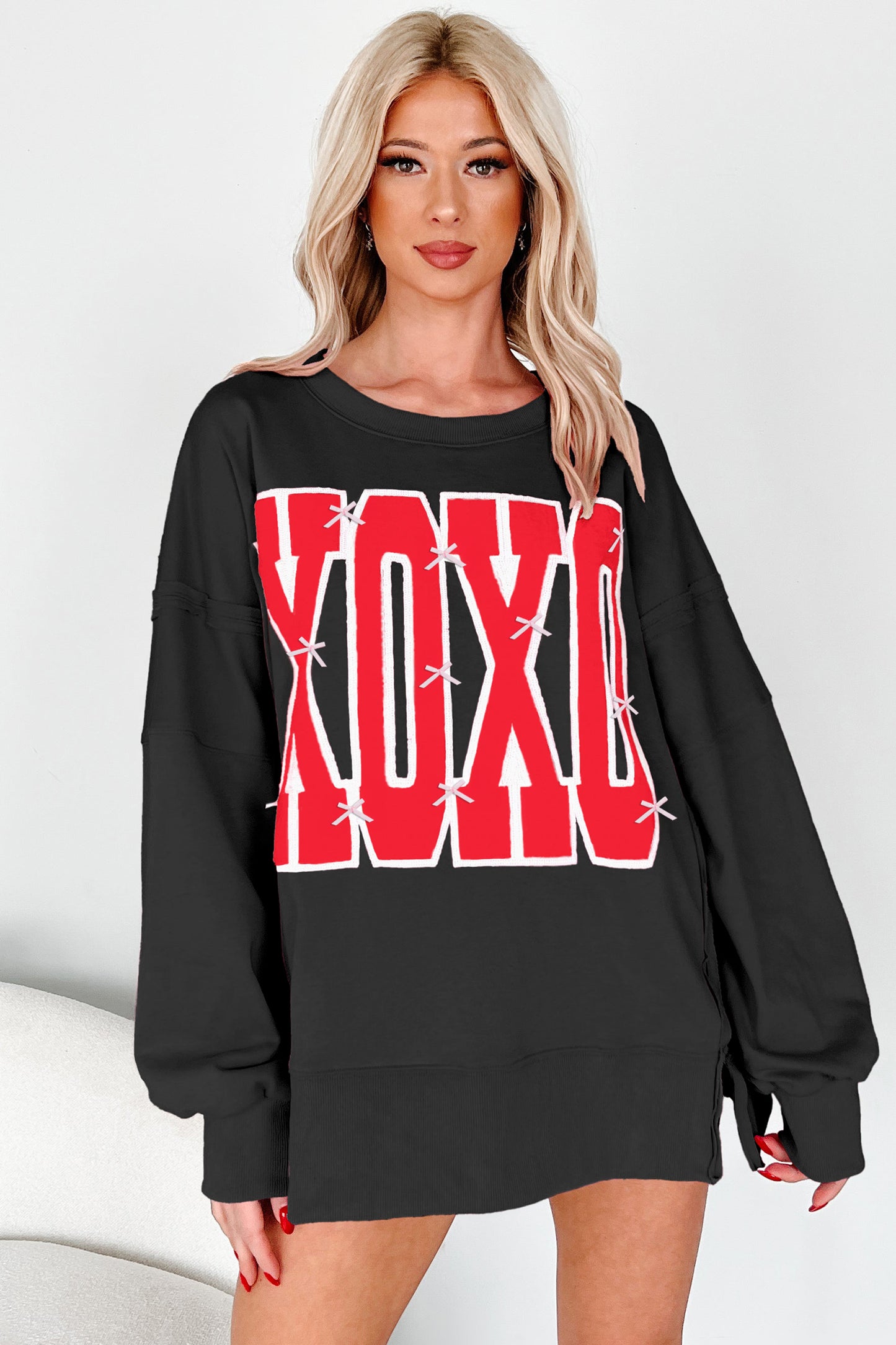 Black Bow Sequin XOXO Letter Graphic Exposed Seam Baggy Sweatshirt-Tops/Sweatshirts & Hoodies-[Adult]-[Female]-2022 Online Blue Zone Planet