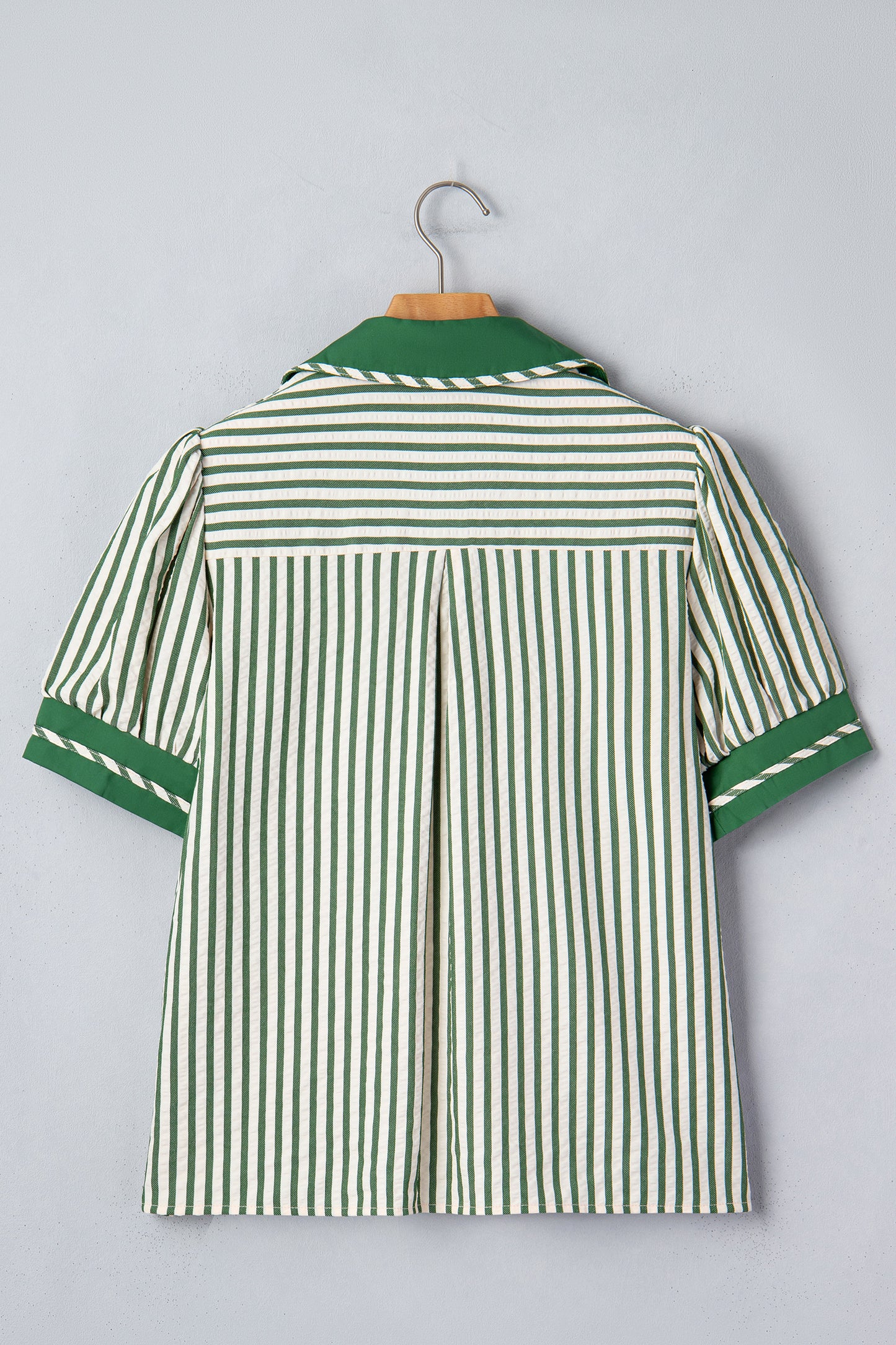 Green Stripe Collared Split Neck Short Bubble Sleeve Blouse-Tops/Blouses & Shirts-[Adult]-[Female]-2022 Online Blue Zone Planet