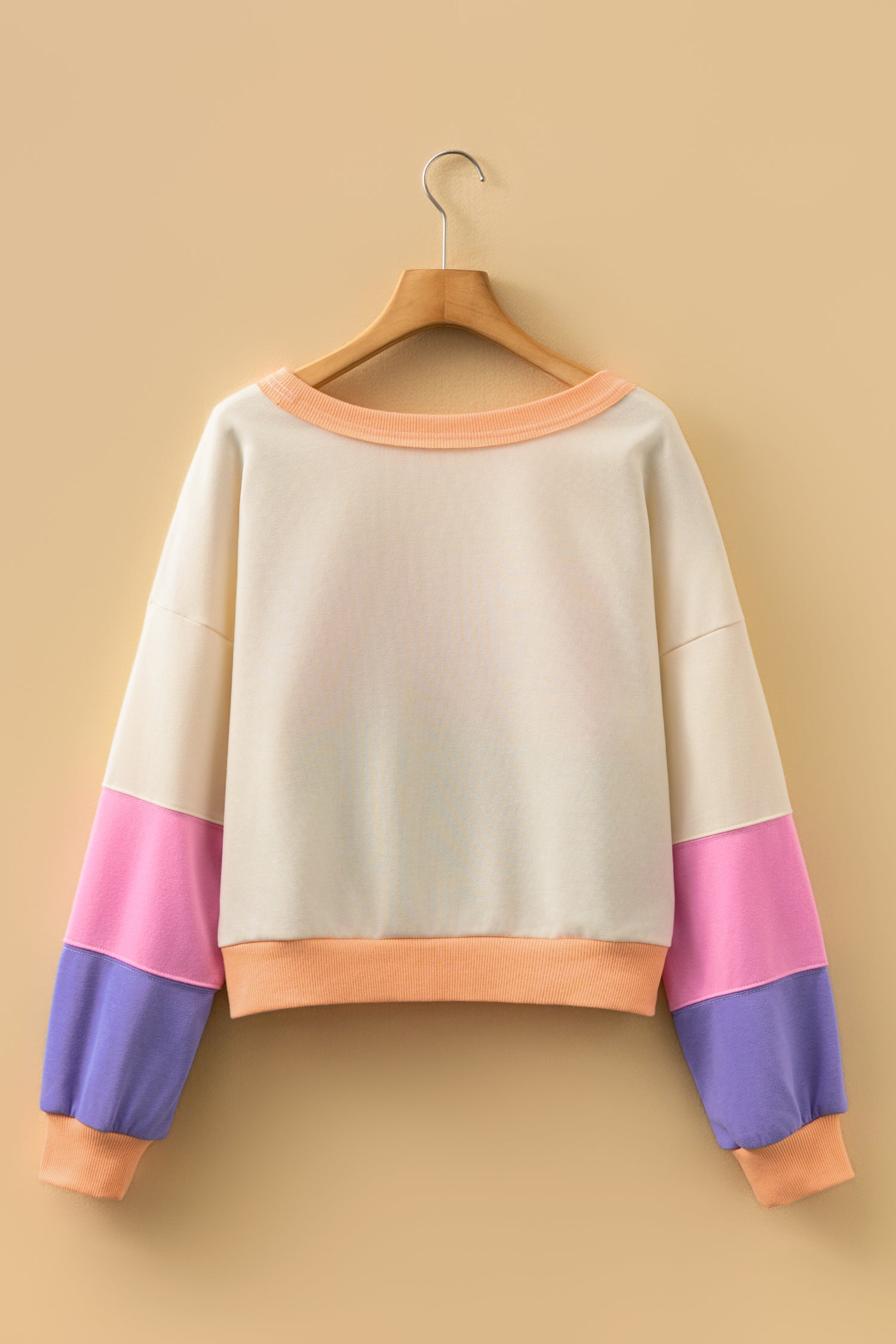 Phalaenopsis Color Block Patchwork Drop Shoulder Cropped Sweatshirt-Tops/Sweatshirts & Hoodies-[Adult]-[Female]-2022 Online Blue Zone Planet