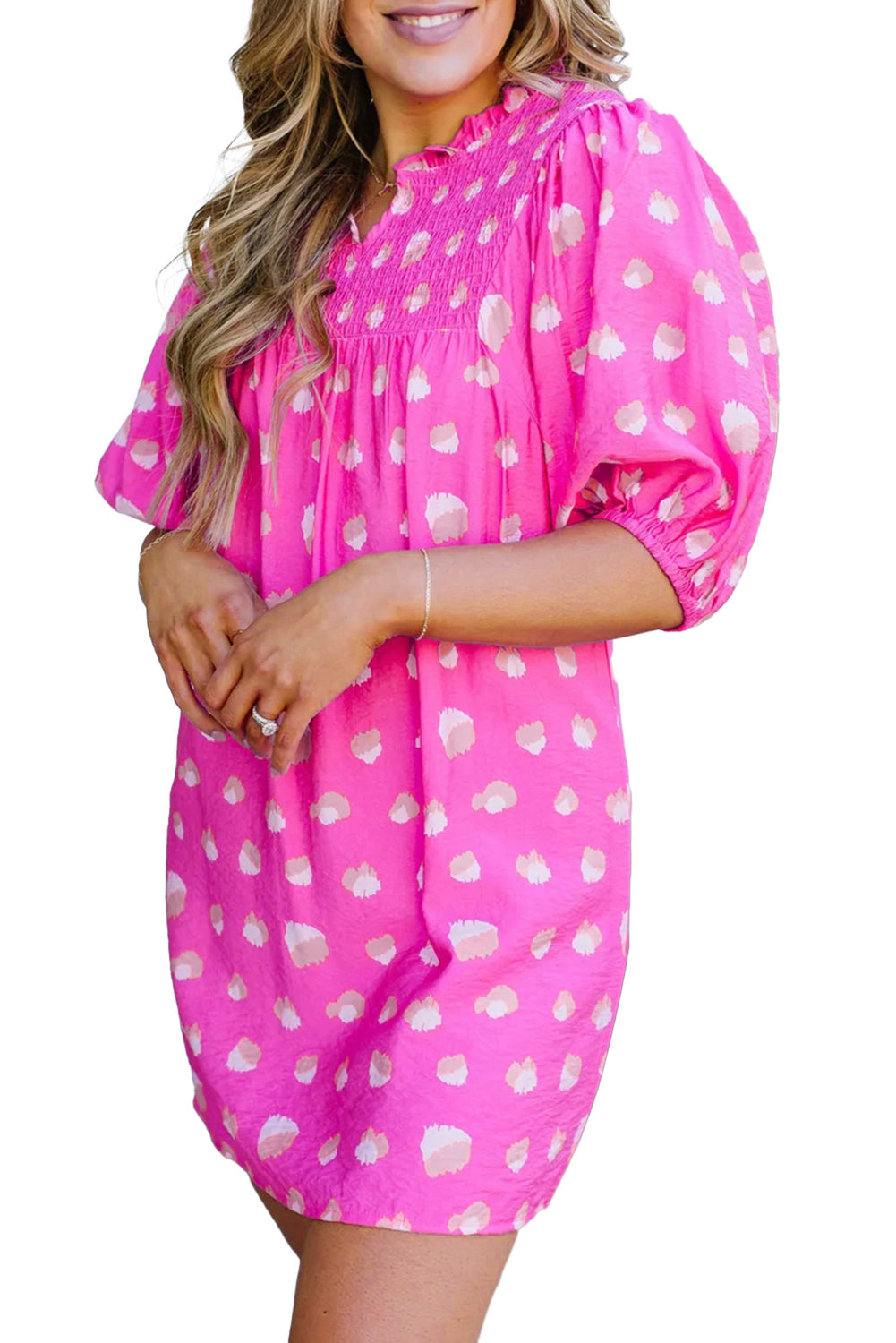 Blue Zone Planet | Bright Pink Printed Shirred Yoke Half Puff Sleeve Dress-TOPS / DRESSES-[Adult]-[Female]-2022 Online Blue Zone Planet