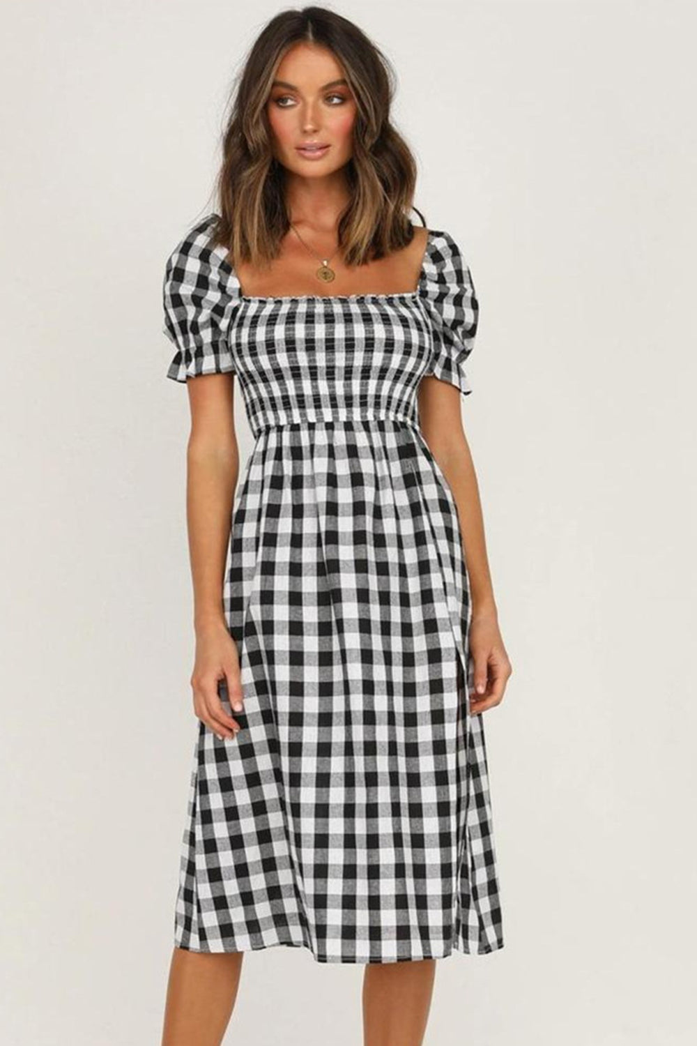 Full Size Slit Plaid Short Sleeve Midi Dress-TOPS / DRESSES-[Adult]-[Female]-2022 Online Blue Zone Planet