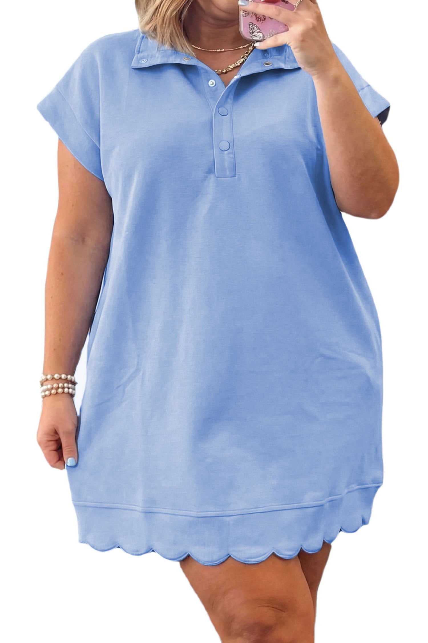 Beau Blue Plus Size Solid Scalloped Hem Button Neck Pullover Mini Dress-TOPS / DRESSES-[Adult]-[Female]-2022 Online Blue Zone Planet