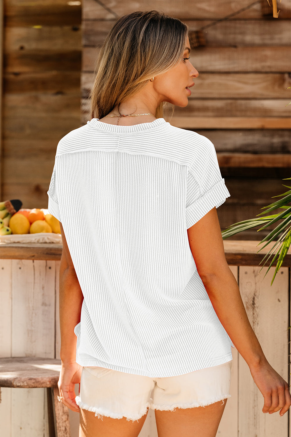 White Textured Knit Exposed Stitching T-Shirt-Tops/Tops & Tees-[Adult]-[Female]-2022 Online Blue Zone Planet
