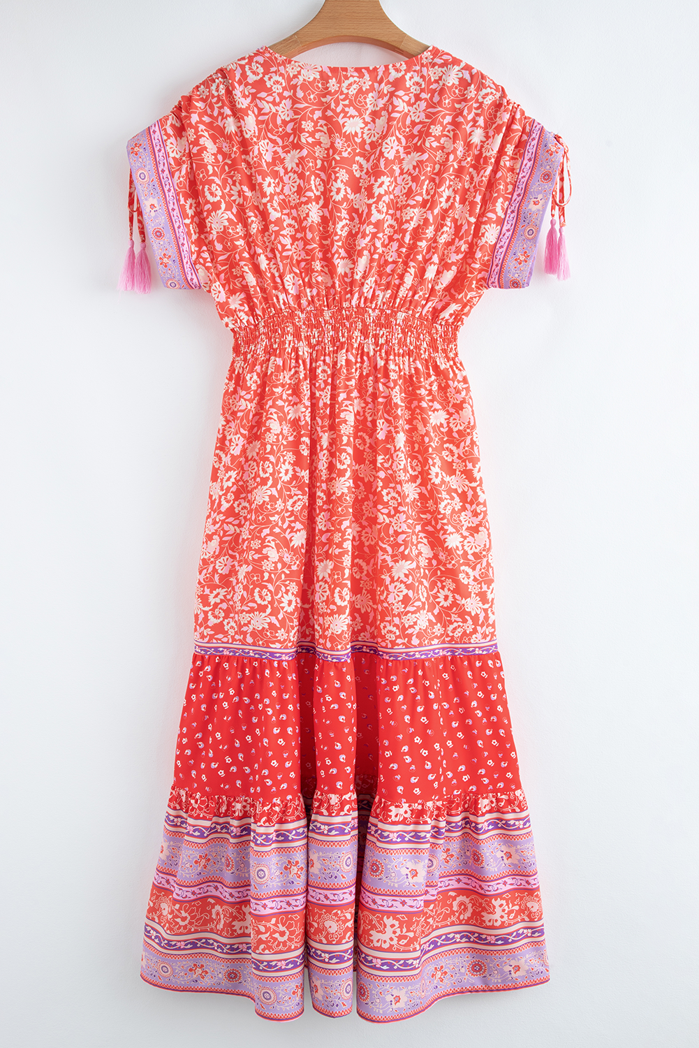 Red Floral Print Tasseled Tied Sleeve Empire Waist Maxi Dress-TOPS / DRESSES-[Adult]-[Female]-2022 Online Blue Zone Planet