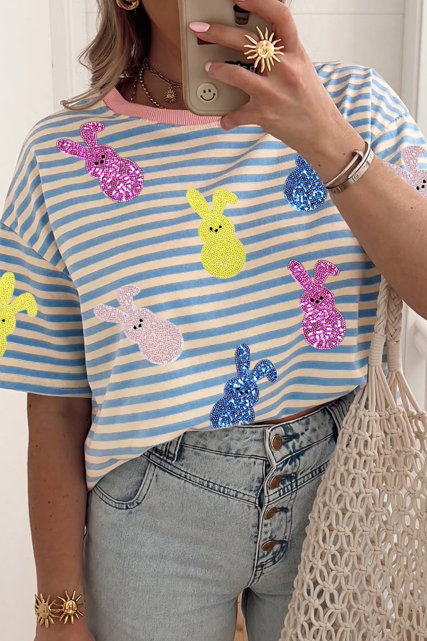 Sky Blue Stripe Sequin Easter Bunny Patched Drop Shoulder Tee-Graphic/Graphic Tees-[Adult]-[Female]-Sky Blue Stripe-S-2022 Online Blue Zone Planet