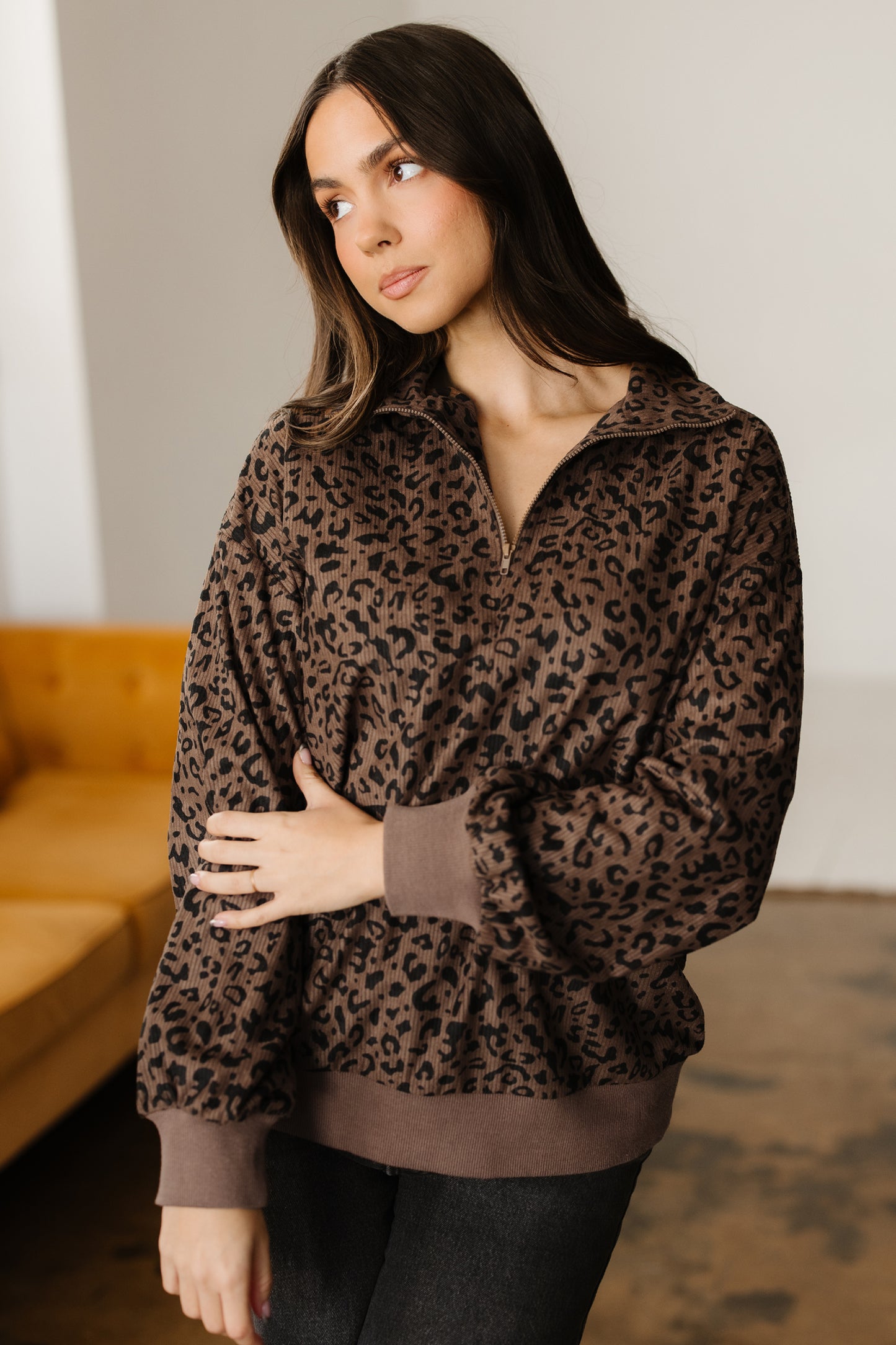 Brown Leopard Print Quarter Zip Corduroy Sweatshirt-Tops/Sweatshirts & Hoodies-[Adult]-[Female]-2022 Online Blue Zone Planet