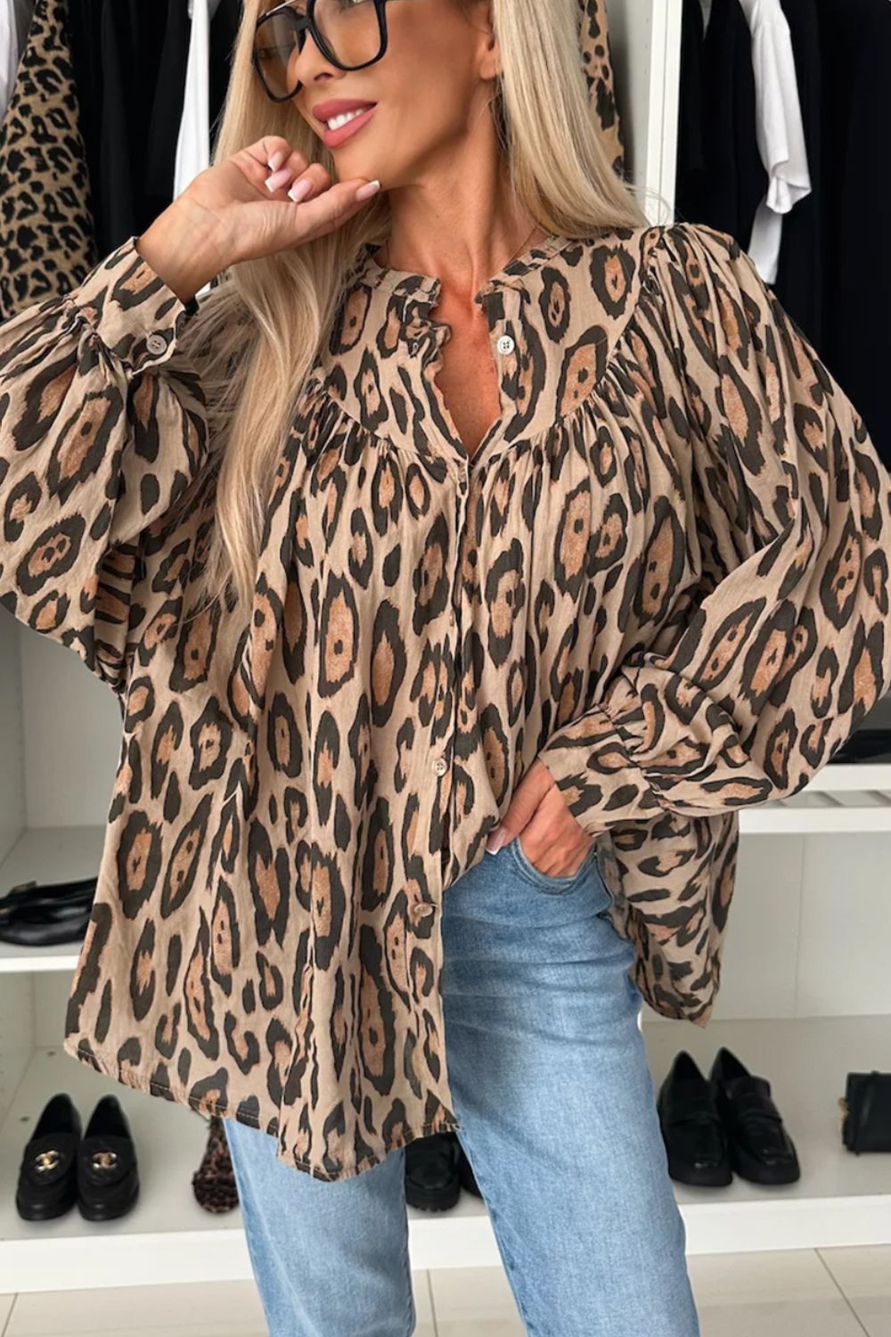 Leopard Print Button Down Long Sleeve Shirt-TOPS / DRESSES-[Adult]-[Female]-2022 Online Blue Zone Planet