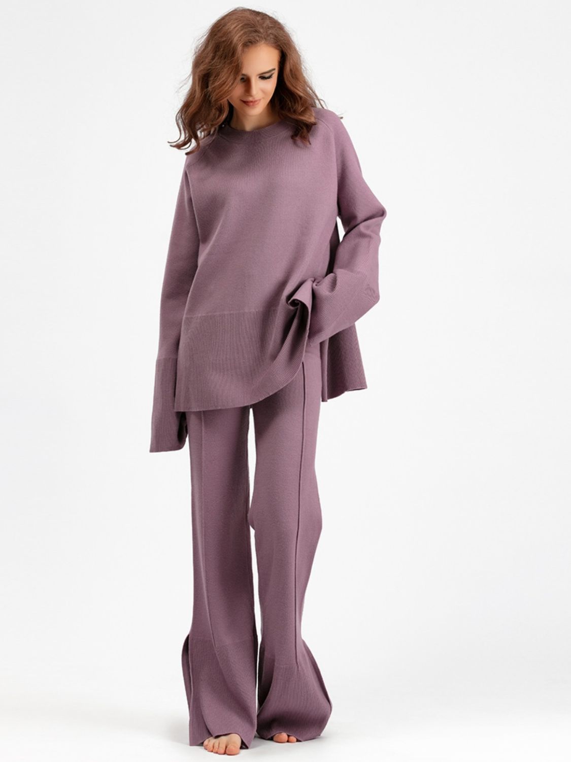 Blue Zone Planet | Basic Bae Slit Round Neck Long Sleeve Top and Drawstring Pants Sweater Set-TOPS / DRESSES-[Adult]-[Female]-Mauve-One Size-2022 Online Blue Zone Planet