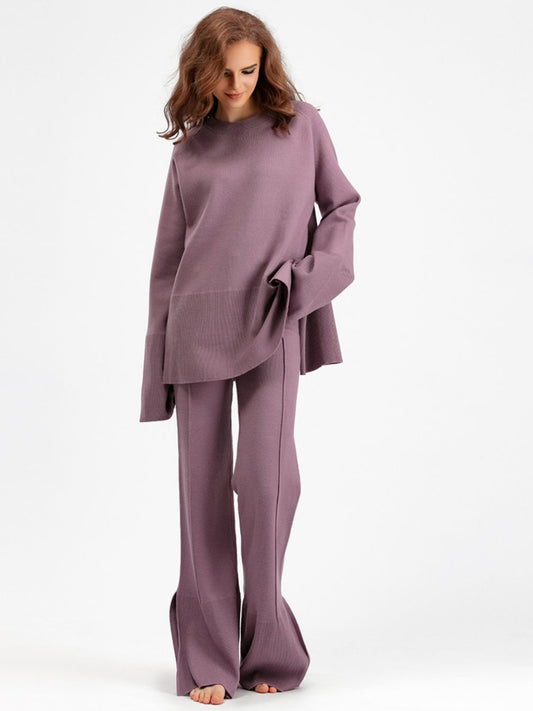 Blue Zone Planet | Basic Bae Slit Round Neck Long Sleeve Top and Drawstring Pants Sweater Set-TOPS / DRESSES-[Adult]-[Female]-Mauve-One Size-2022 Online Blue Zone Planet