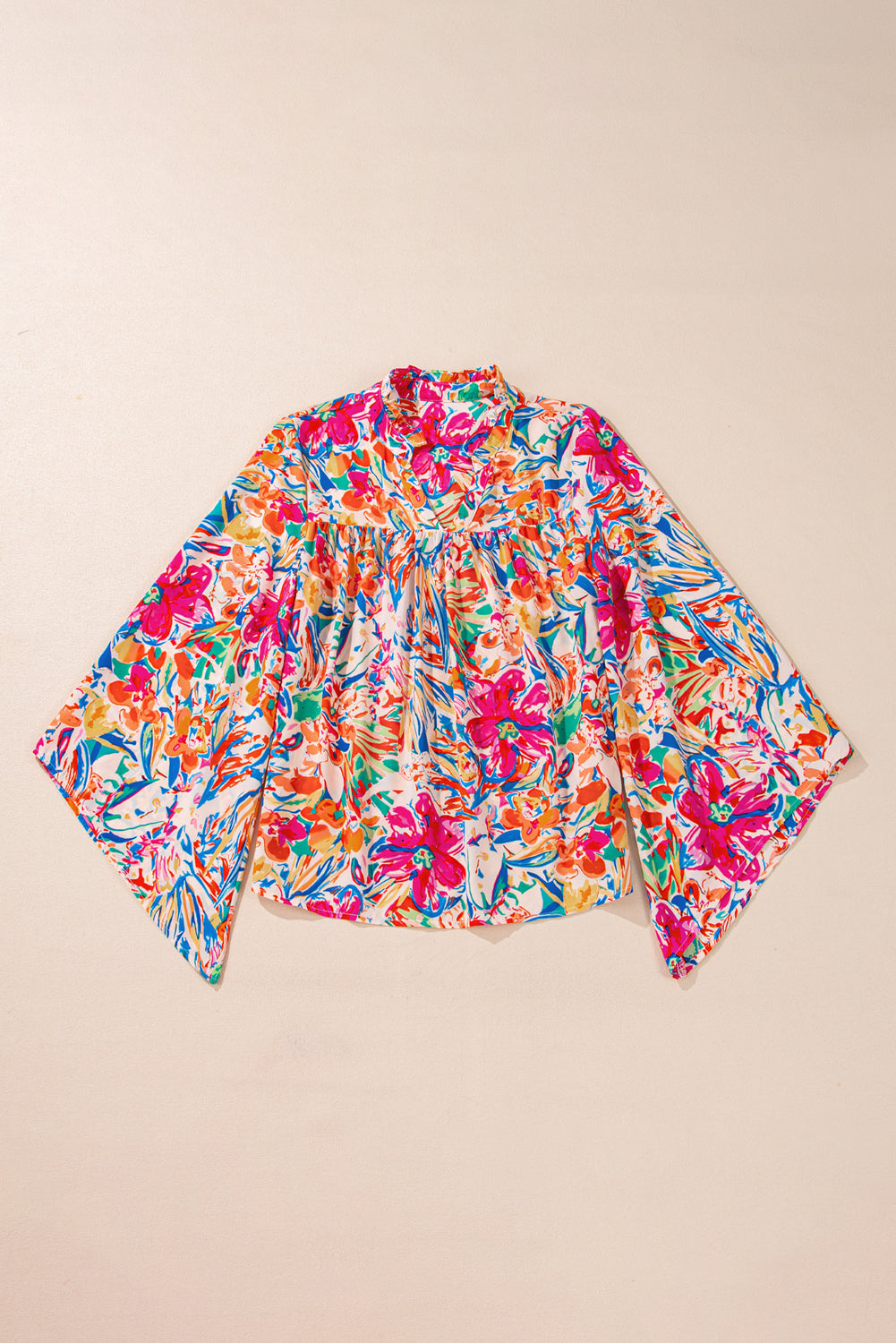 Multicolour Floral Print Bell Sleeve V Neck Blouse-Tops/Blouses & Shirts-[Adult]-[Female]-2022 Online Blue Zone Planet