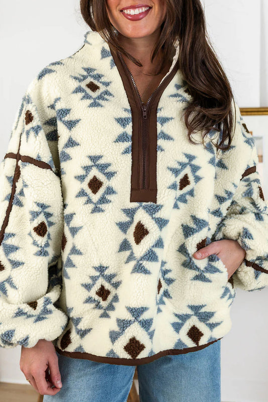 Beige Geometric Print Sherpa Western Style Long Sleeve Sweatshirt-Tops/Sweatshirts & Hoodies-[Adult]-[Female]-Beige-S-2022 Online Blue Zone Planet