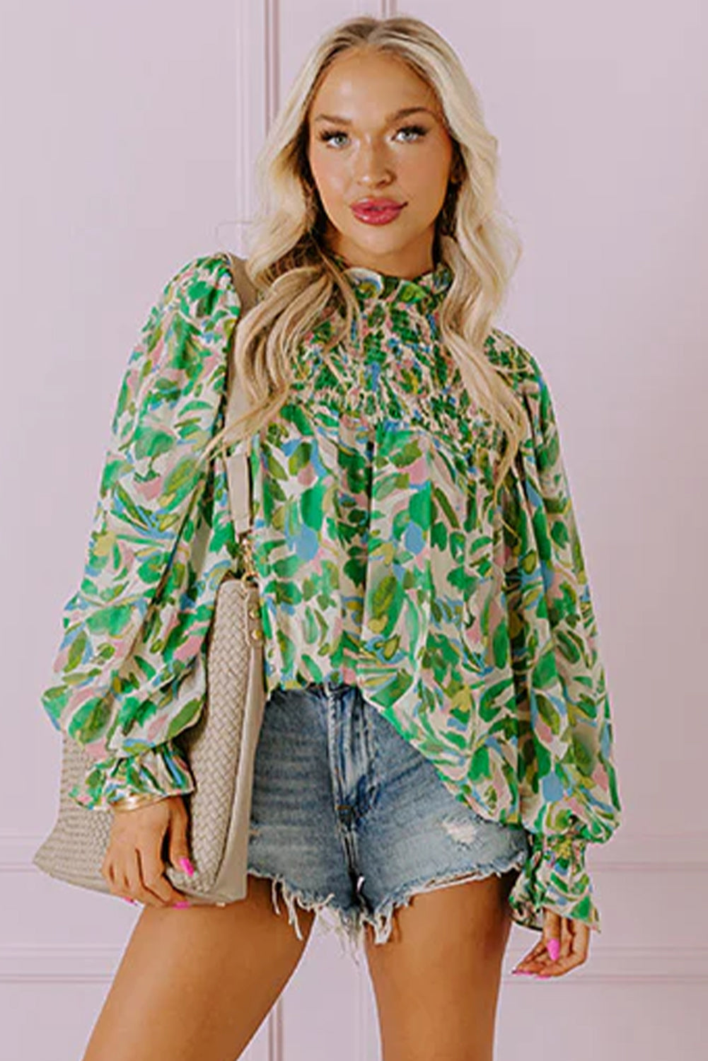 Blue Zone Planet | Green Leafy Printed Flounce Sleeve Shirred Mock Neck Blouse-Tops/Blouses & Shirts-[Adult]-[Female]-2022 Online Blue Zone Planet