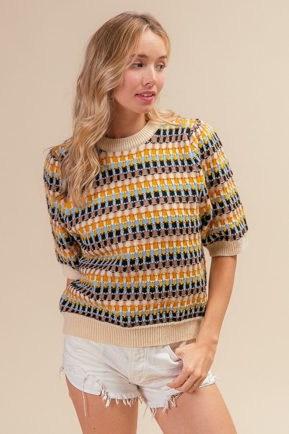 BiBi Multi Color Half Sleeve Sweater-TOPS / DRESSES-[Adult]-[Female]-2022 Online Blue Zone Planet