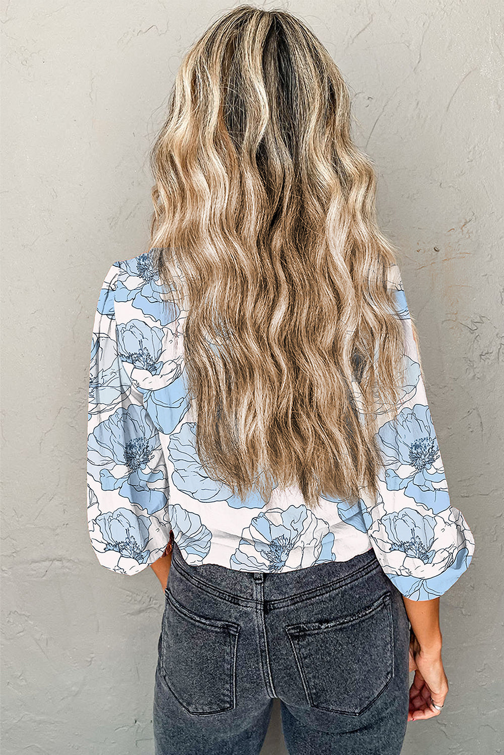 Sky Blue Floral Print Frilly Smocked Square Neck Long Sleeve Blouse-Tops/Blouses & Shirts-[Adult]-[Female]-2022 Online Blue Zone Planet