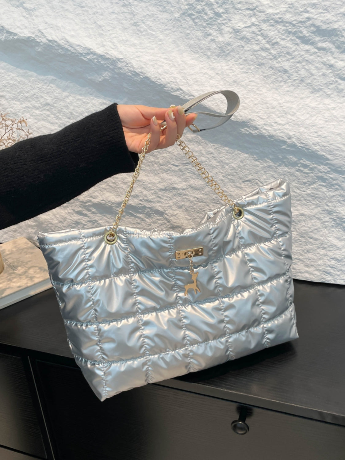 Bubble Texture Tote Bag-HANDBAGS-[Adult]-[Female]-Silver-One Size-2022 Online Blue Zone Planet