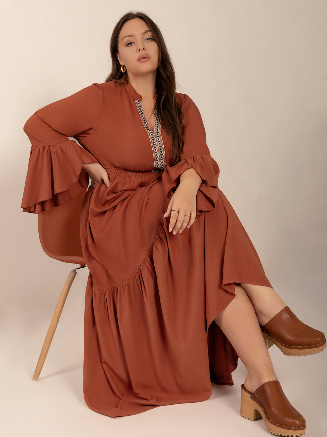 Plus Size Ruffled Notched Long Sleeve Midi Dress-TOPS / DRESSES-[Adult]-[Female]-2022 Online Blue Zone Planet