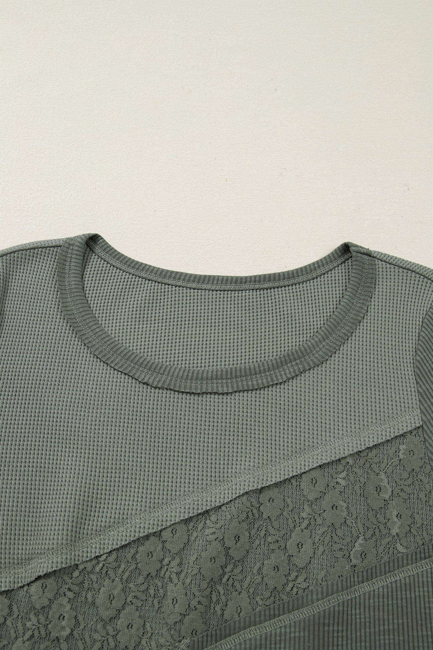 Sage Green Solid Color Waffle Ribbed Lace Patchwork Long Sleeve Top-Tops/Long Sleeve Tops-[Adult]-[Female]-2022 Online Blue Zone Planet