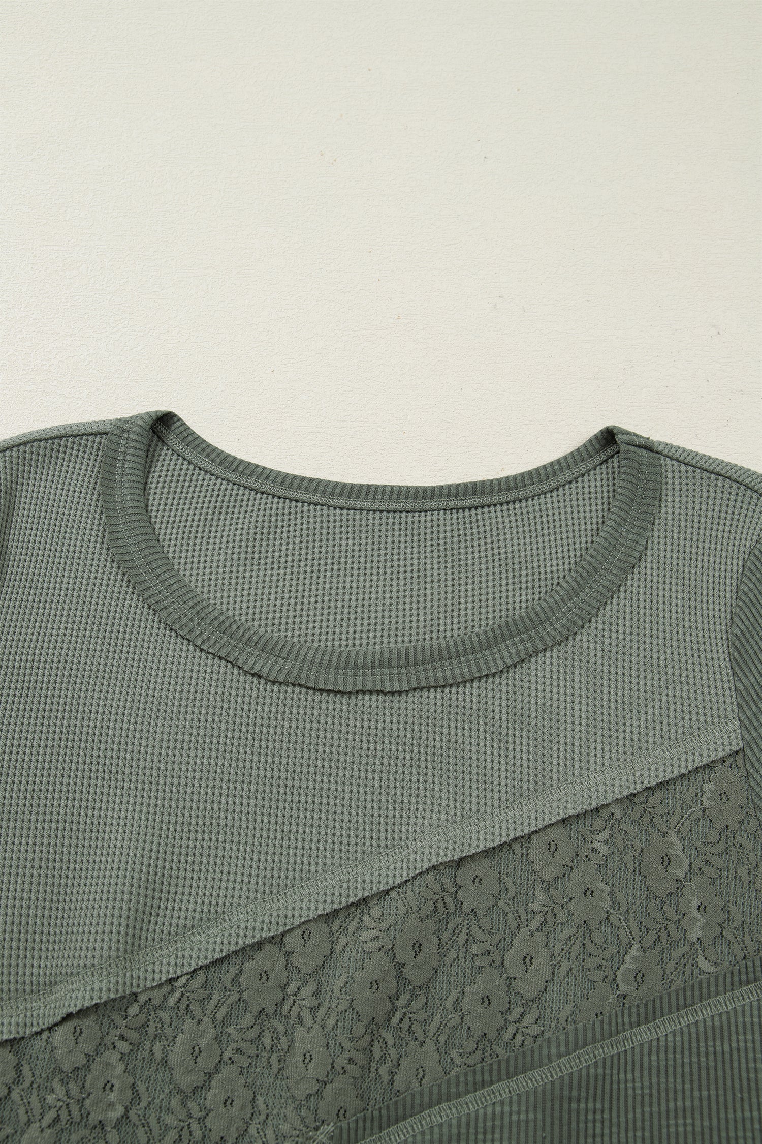 Sage Green Solid Color Waffle Ribbed Lace Patchwork Long Sleeve Top-Tops/Long Sleeve Tops-[Adult]-[Female]-2022 Online Blue Zone Planet