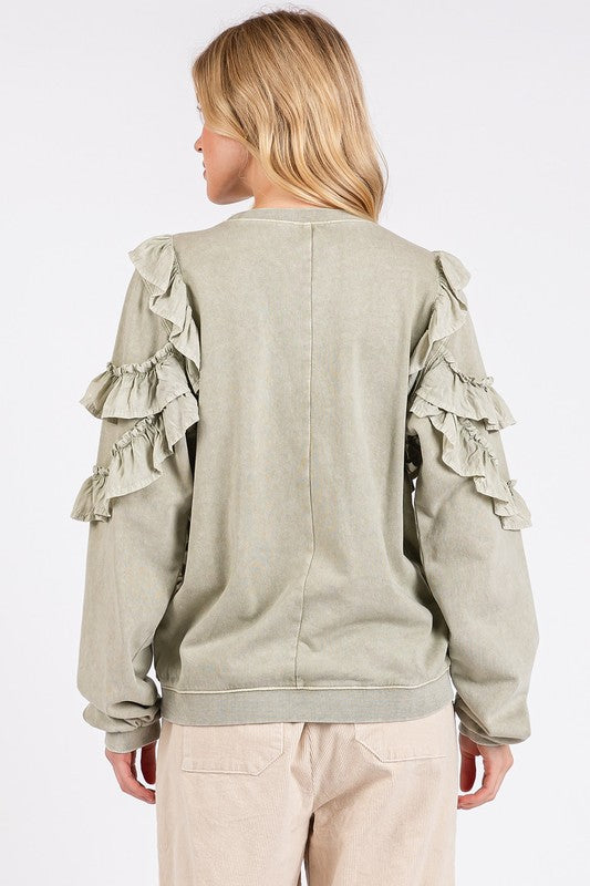 Mittoshop Ruffled Mineral Washed Round Neck Long Sleeve Sweatshirt-TOPS / DRESSES-[Adult]-[Female]-2022 Online Blue Zone Planet