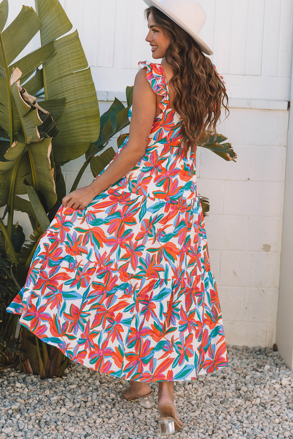 Red Boho Floral Ruffled Strap V Neck Maxi Dress-TOPS / DRESSES-[Adult]-[Female]-2022 Online Blue Zone Planet