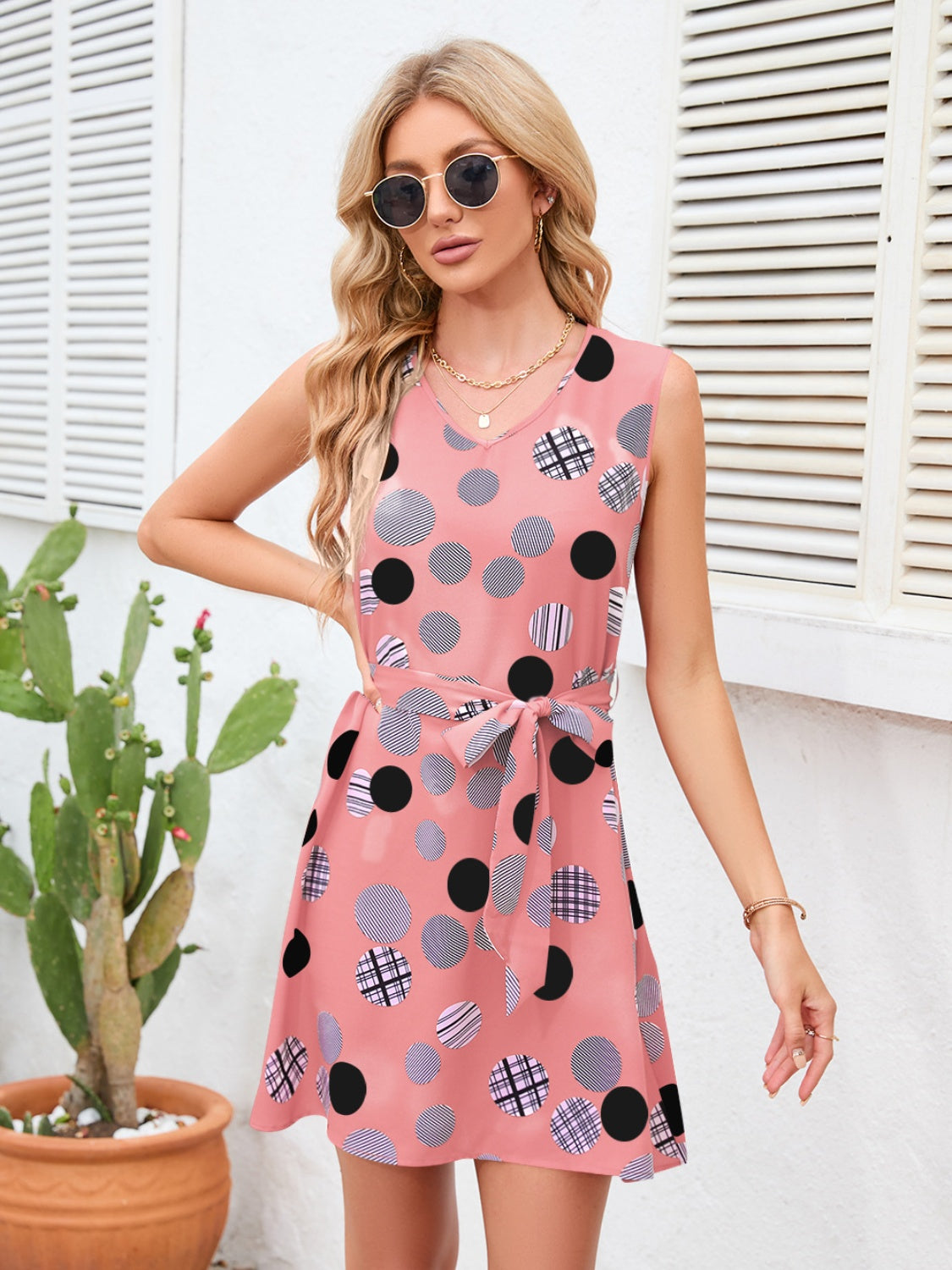 Tied Polka Dot V-Neck Dress-TOPS / DRESSES-[Adult]-[Female]-Dusty Pink-S-2022 Online Blue Zone Planet