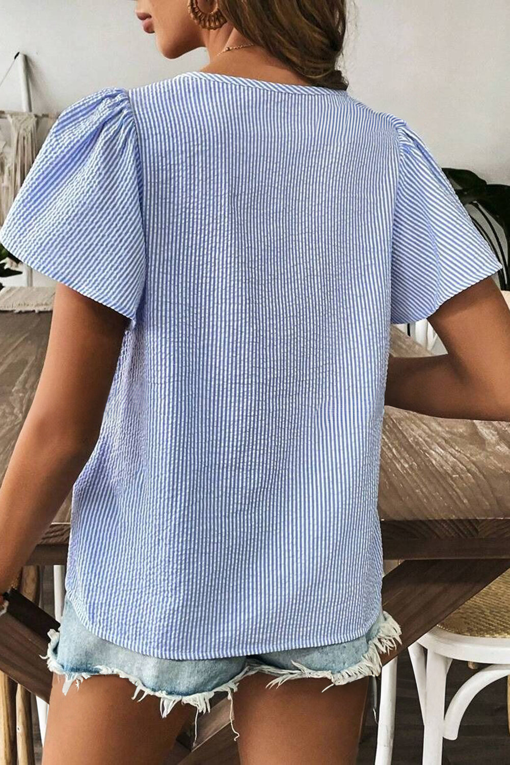 Sky Blue Stripe Textured Ruffle Short Sleeve Boho Detail Square Neck Blouse-Tops/Blouses & Shirts-[Adult]-[Female]-2022 Online Blue Zone Planet
