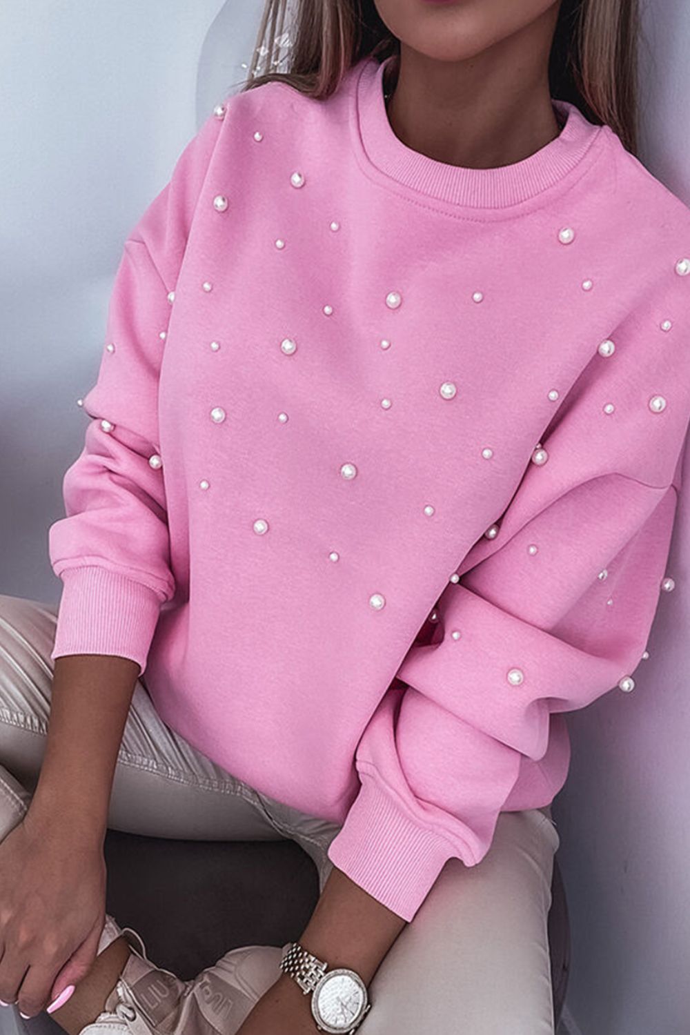 Pearl Detail Ribbed Round Neck Sweatshirt-TOPS / DRESSES-[Adult]-[Female]-Pink-S-2022 Online Blue Zone Planet