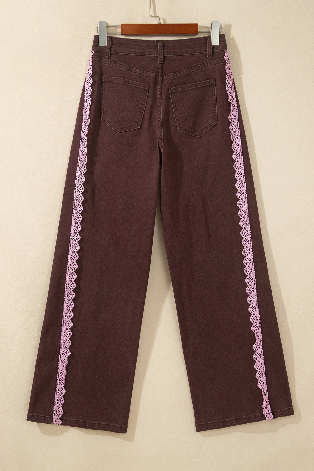 Coffee Lace Trim Casual Full-Length Regular Fit Jeans-Bottoms/Jeans-[Adult]-[Female]-2022 Online Blue Zone Planet