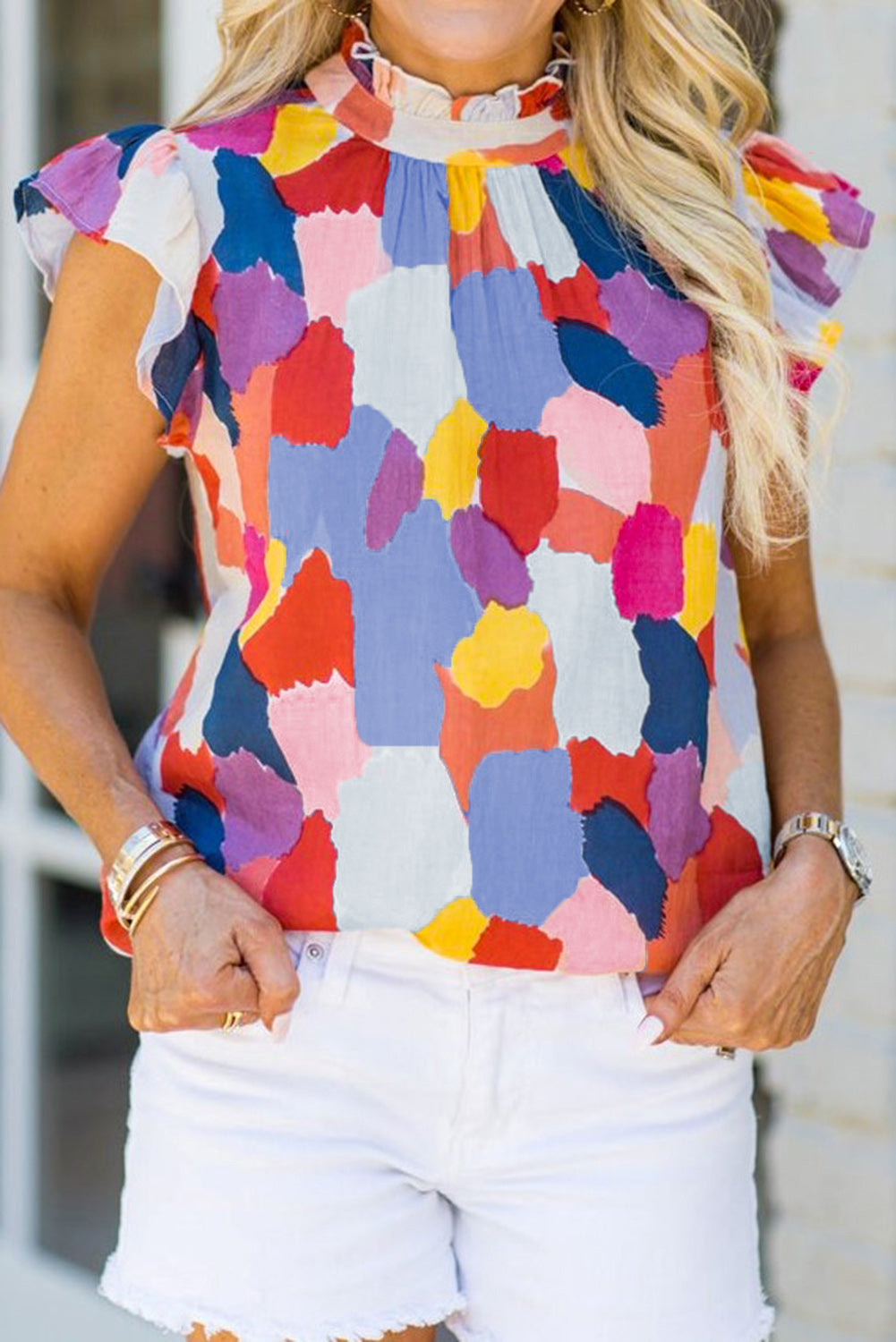 Red Ruffle Cap Sleeve Frill Mock Neck Printed Top-Tops/Tops & Tees-[Adult]-[Female]-2022 Online Blue Zone Planet