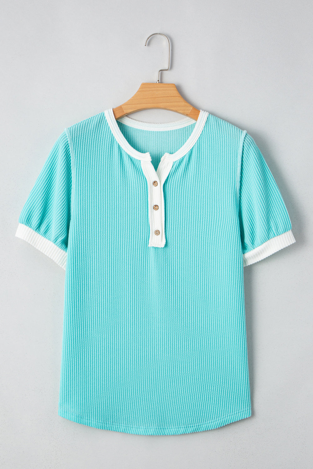 Turquoise Corded Colorblock Buttons Henley T Shirt-Tops/Tops & Tees-[Adult]-[Female]-2022 Online Blue Zone Planet
