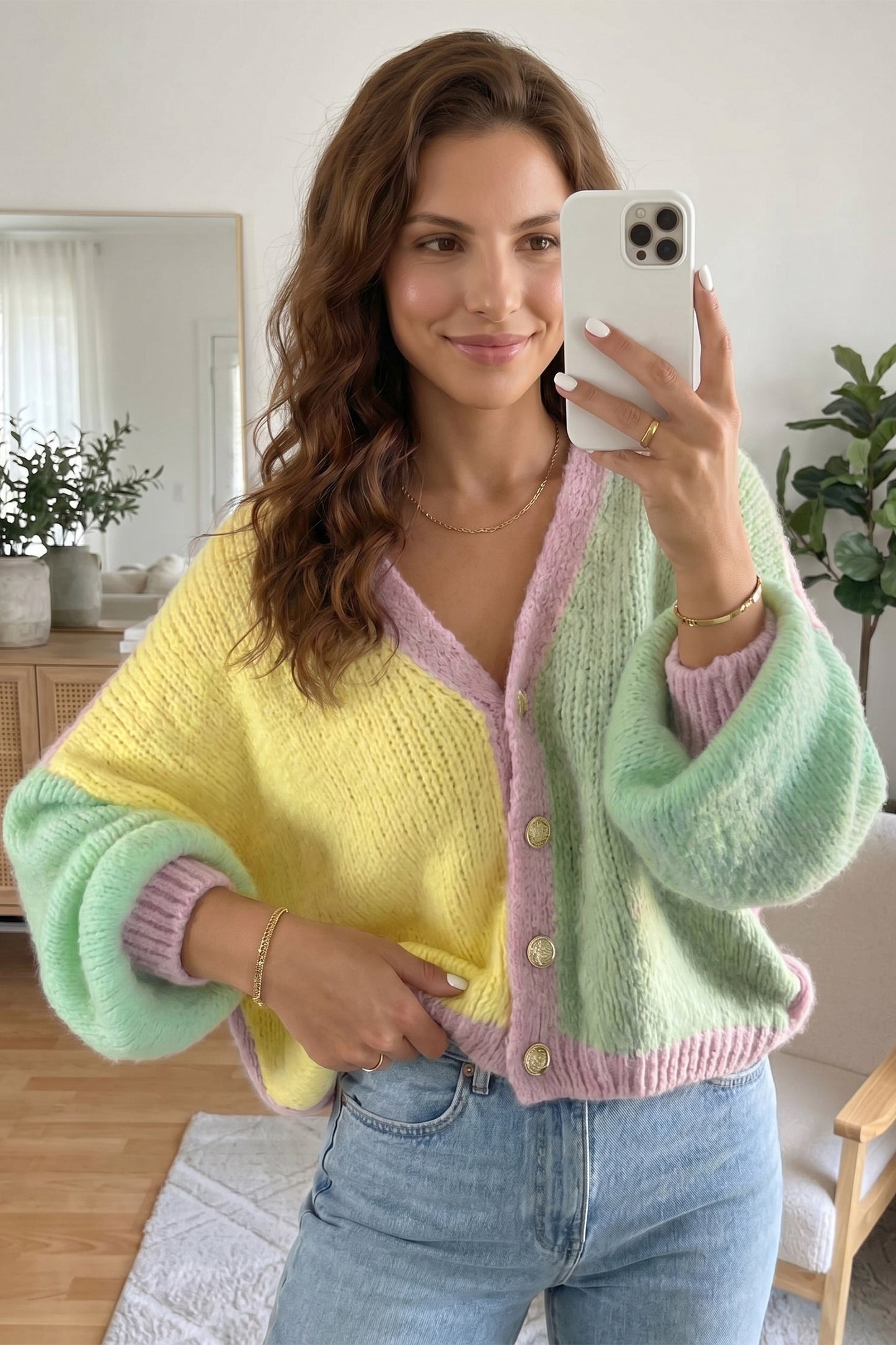 Yellow V Neck Drop Shoulder Patchwork Regular Wash Knitwear Cardigan-Sweaters & Cardigans/Cardigans-[Adult]-[Female]-2022 Online Blue Zone Planet