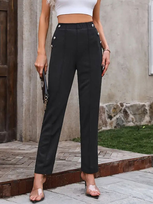 Decorative Button Elastic Waist Pants-TOPS / DRESSES-[Adult]-[Female]-Black-S-2022 Online Blue Zone Planet