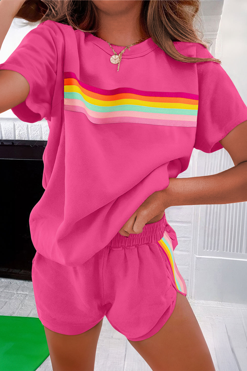 Rose Red Vibrant Striped Detail Athleisure 2pcs Short Set-Two Piece Sets/Short Sets-[Adult]-[Female]-2022 Online Blue Zone Planet