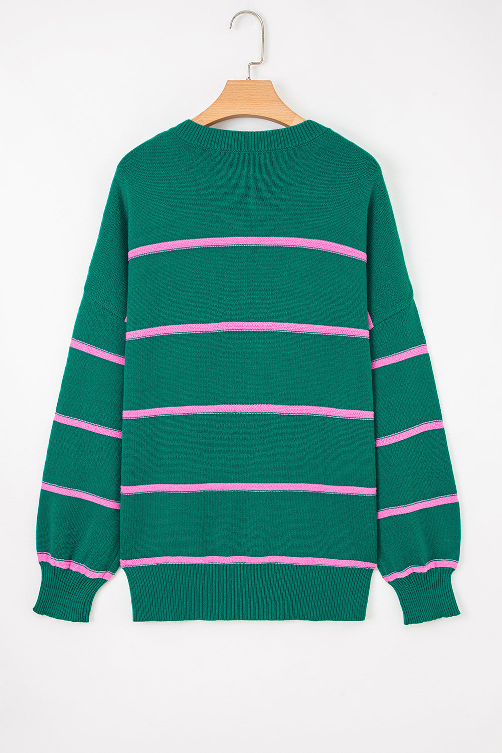 Green Stripe Half Buttons Drop Shoulder Plus Size Sweater-TOPS / DRESSES-[Adult]-[Female]-2022 Online Blue Zone Planet
