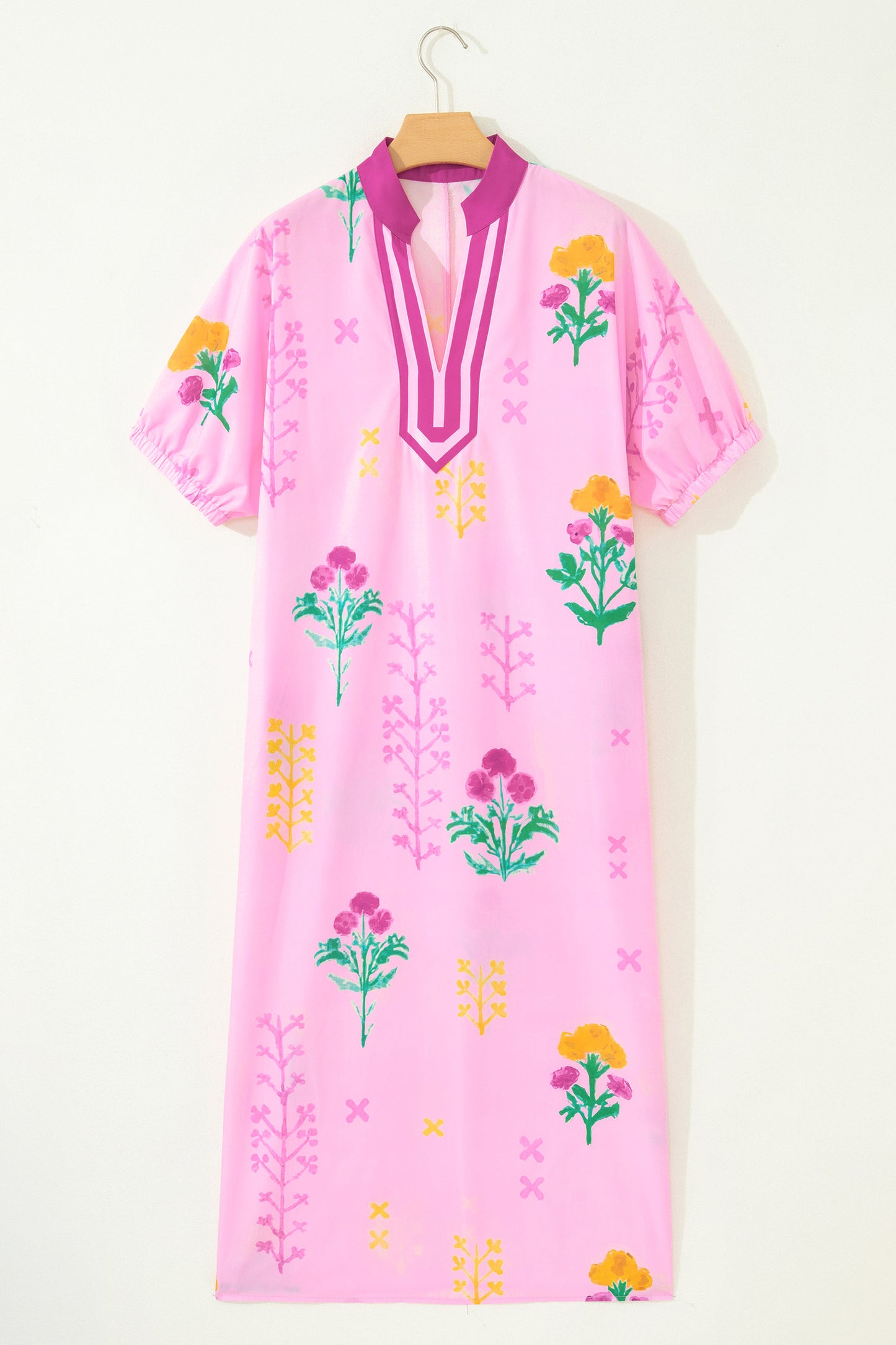 Pink Floral Print Short Sleeve Colorblcok Trim V Neck Midi Dress-Dresses/Floral Dresses-[Adult]-[Female]-2022 Online Blue Zone Planet