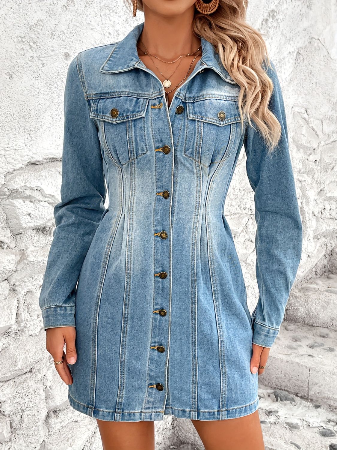 Pocketed Button Up Long Sleeve Denim Dress-TOPS / DRESSES-[Adult]-[Female]-2022 Online Blue Zone Planet