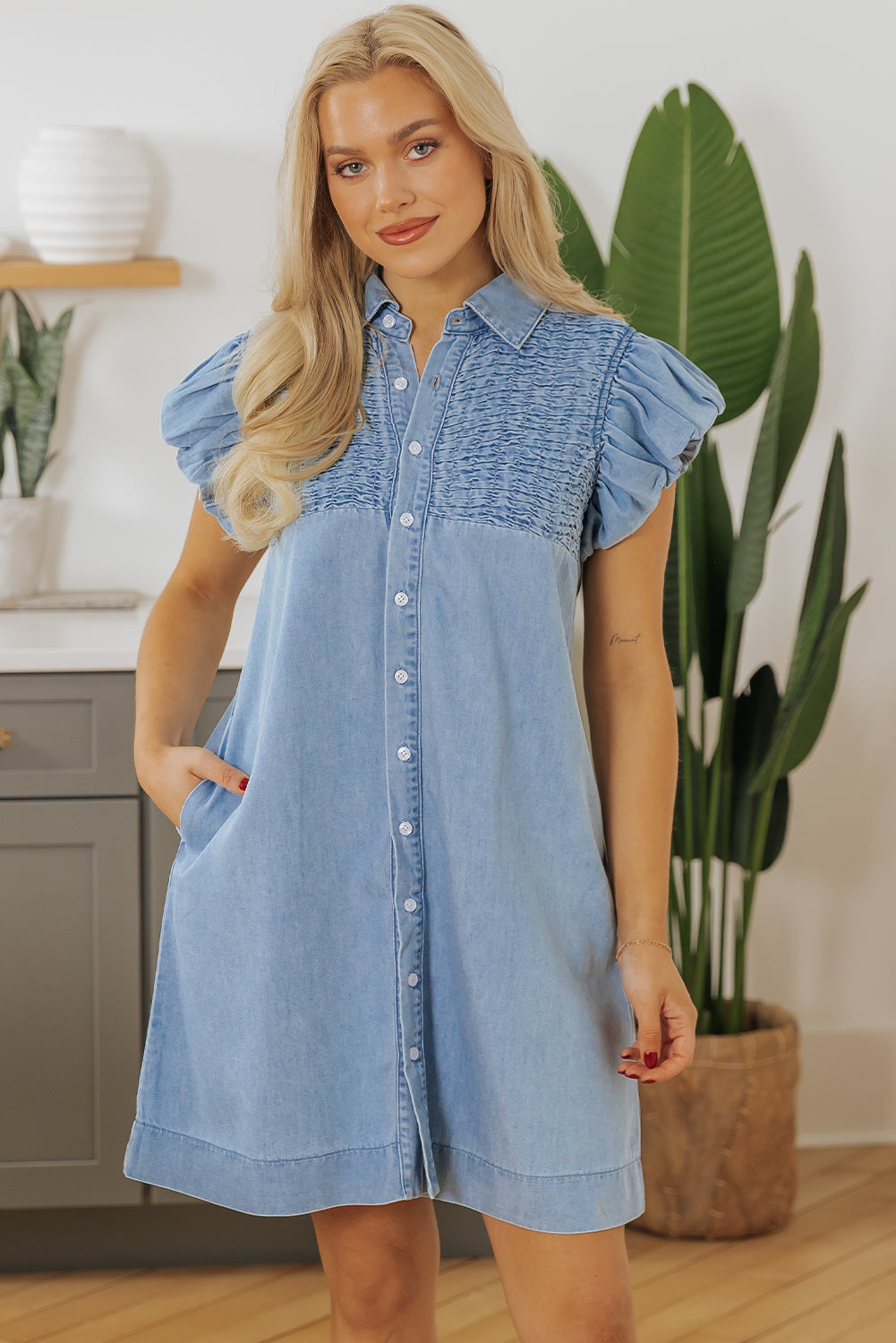 Beau Blue Flutter Sleeve Shirred Detail Button Up Denim Mini Dress-Dresses/Mini Dresses-[Adult]-[Female]-Beau Blue-S-2022 Online Blue Zone Planet